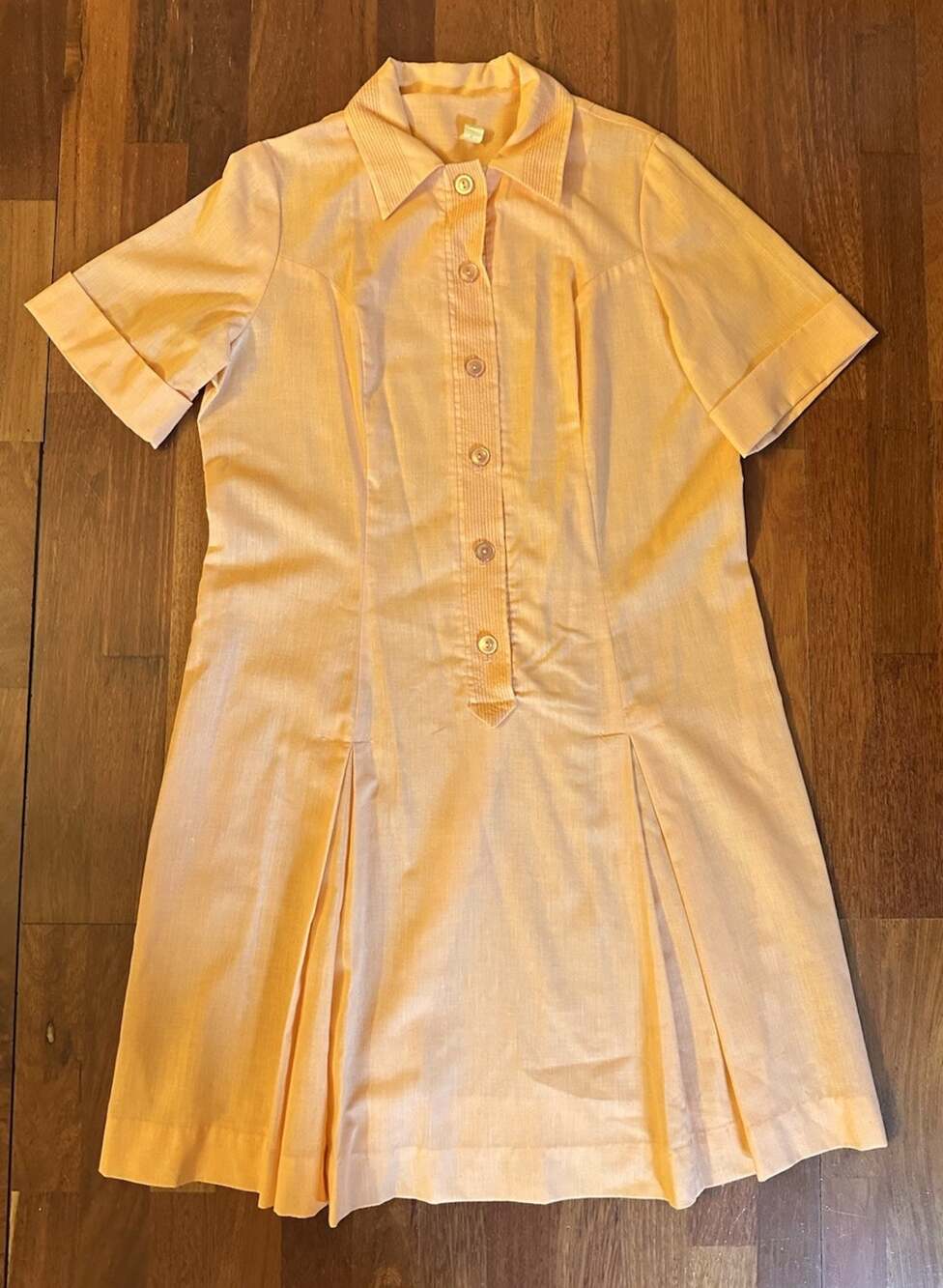 VTG 70s Malouf of Dallas Dress Peach Short Sleeve Drop Waist Collar Size 20 1/2
